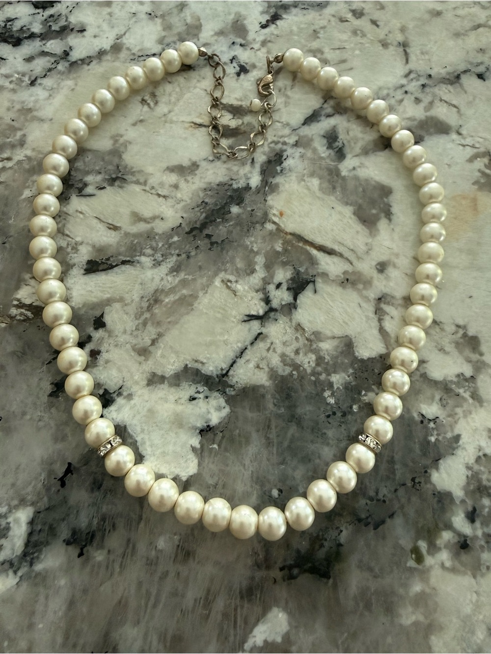 Classic Glass Faux Pearl Necklace with Rhinestone Accents and extender 18-20”